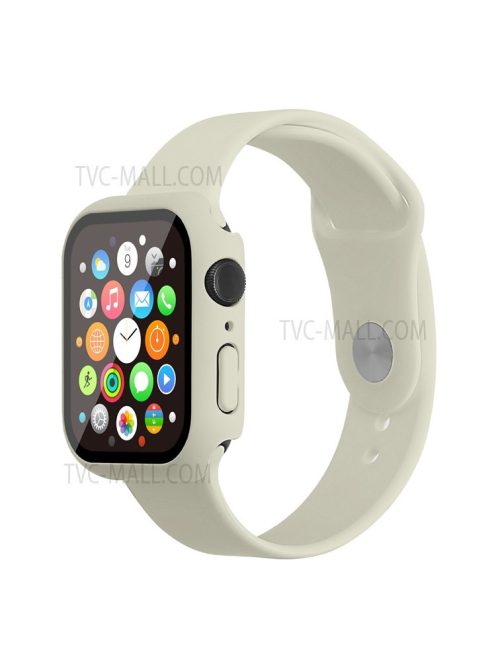 For Apple Watch Series 7 45mm Hard PC Watch Case with Tempered Glass Film + Silicone Watch Band, Size S / M - Antique White