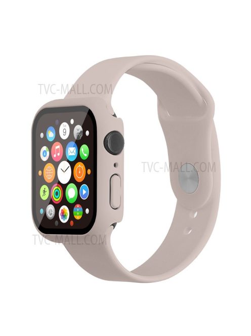 For Apple Watch Series 7 45mm Hard PC Watch Case with Tempered Glass Film + Silicone Watch Band, Size S / M - Apricot