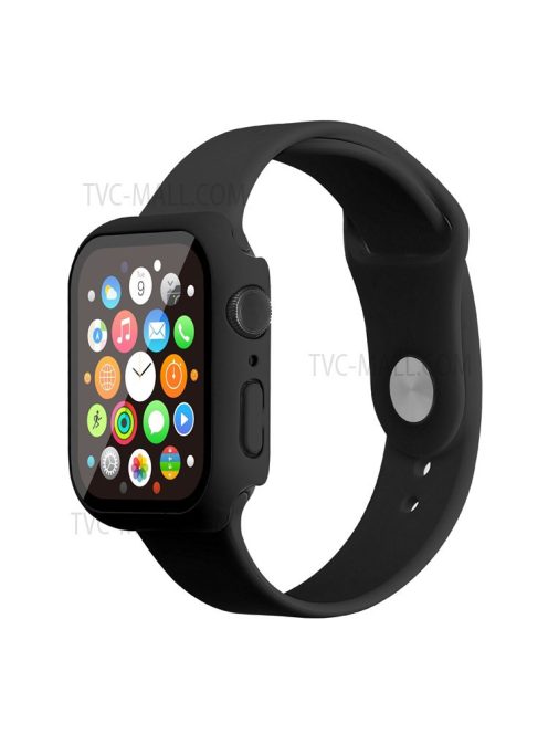 For Apple Watch Series 7 45mm Hard PC Watch Case with Tempered Glass Film + Silicone Watch Band, Size S / M - Black