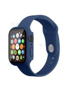 For Apple Watch Series 7 45mm Hard PC Watch Case with Tempered Glass Film + Silicone Watch Band, Size S / M - Dark Blue