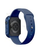 For Apple Watch Series 7 45mm Hard PC Watch Case with Tempered Glass Film + Silicone Watch Band, Size S / M - Dark Blue