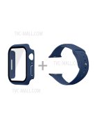 For Apple Watch Series 7 45mm Hard PC Watch Case with Tempered Glass Film + Silicone Watch Band, Size S / M - Dark Blue