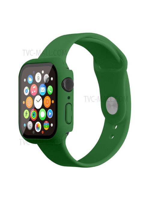 For Apple Watch Series 7 45mm Hard PC Watch Case with Tempered Glass Film + Silicone Watch Band, Size S / M - Dark Green