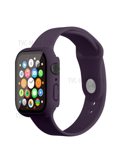 For Apple Watch Series 7 45mm Hard PC Watch Case with Tempered Glass Film + Silicone Watch Band, Size S / M - Dark Purple