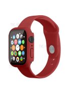 For Apple Watch Series 7 45mm Hard PC Watch Case with Tempered Glass Film + Silicone Watch Band, Size S / M - Dark Red