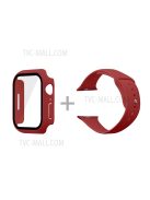 For Apple Watch Series 7 45mm Hard PC Watch Case with Tempered Glass Film + Silicone Watch Band, Size S / M - Dark Red