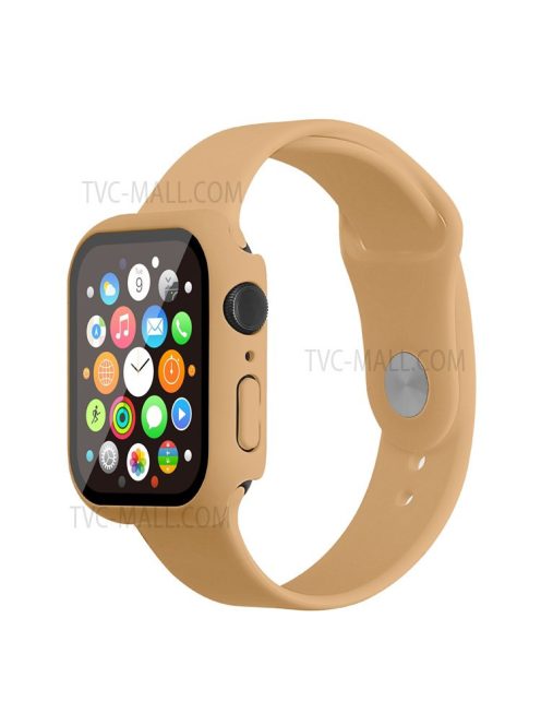 For Apple Watch Series 7 45mm Hard PC Watch Case with Tempered Glass Film + Silicone Watch Band, Size S / M - Khaki