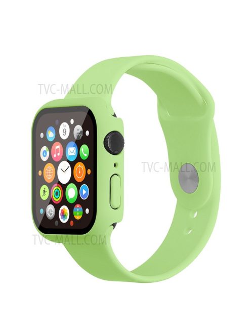 For Apple Watch Series 7 45mm Hard PC Watch Case with Tempered Glass Film + Silicone Watch Band, Size S / M - Light Green