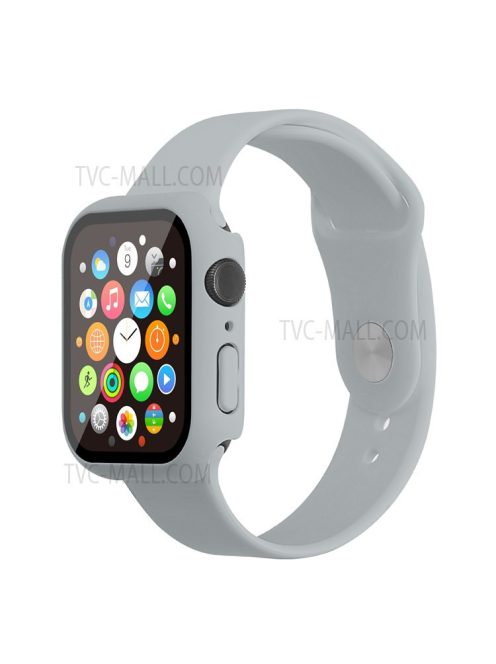 For Apple Watch Series 7 45mm Hard PC Watch Case with Tempered Glass Film + Silicone Watch Band, Size S / M - Light Grey