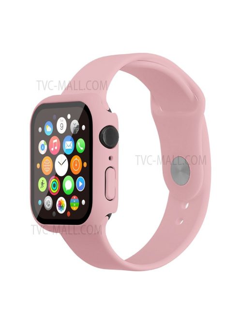 For Apple Watch Series 7 45mm Hard PC Watch Case with Tempered Glass Film + Silicone Watch Band, Size S / M - Light Pink