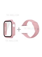 For Apple Watch Series 7 45mm Hard PC Watch Case with Tempered Glass Film + Silicone Watch Band, Size S / M - Light Pink