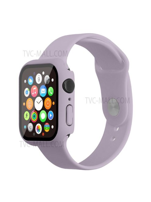 For Apple Watch Series 7 45mm Hard PC Watch Case with Tempered Glass Film + Silicone Watch Band, Size S / M - Light Purple