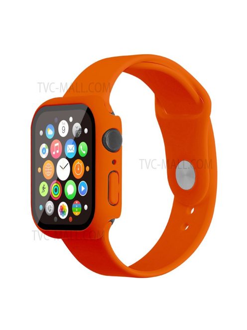 For Apple Watch Series 7 45mm Hard PC Watch Case with Tempered Glass Film + Silicone Watch Band, Size S / M - Orange