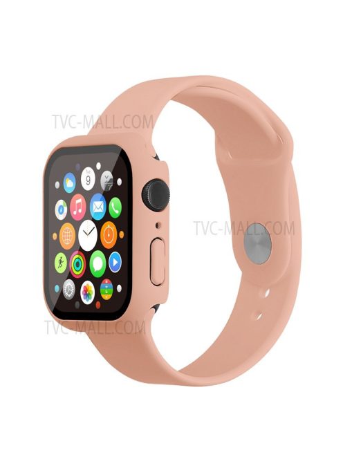 For Apple Watch Series 7 45mm Hard PC Watch Case with Tempered Glass Film + Silicone Watch Band, Size S / M - Pink