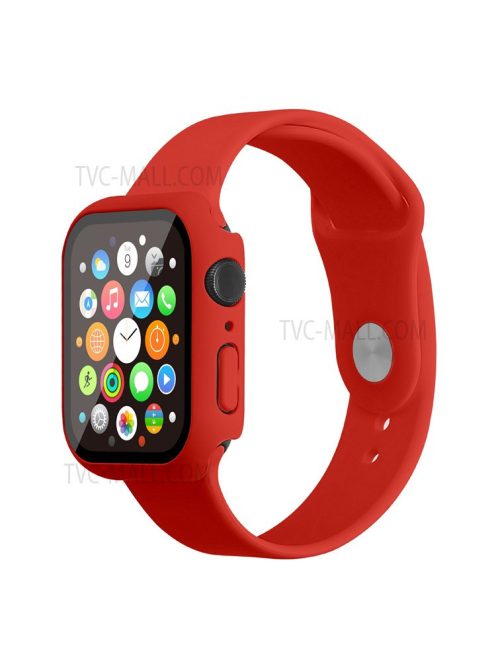 For Apple Watch Series 7 45mm Hard PC Watch Case with Tempered Glass Film + Silicone Watch Band, Size S / M - Red