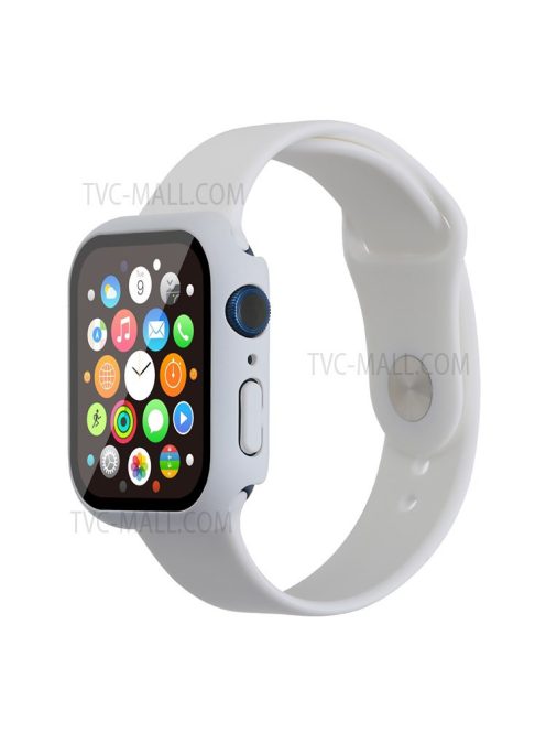 For Apple Watch Series 7 45mm Hard PC Watch Case with Tempered Glass Film + Silicone Watch Band, Size S / M - White