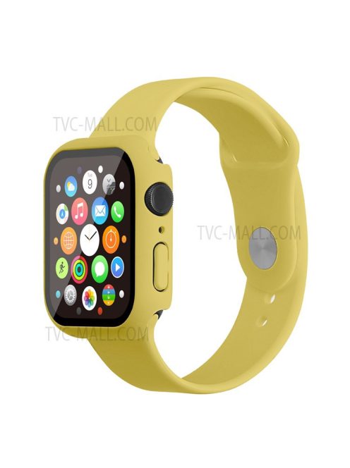 For Apple Watch Series 7 45mm Hard PC Watch Case with Tempered Glass Film + Silicone Watch Band, Size S / M - Yellow