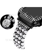 For Apple Watch Series 7 45mm Pearl Rhinestone Decor Drawstring Design Metal Bracelet Watch Strap + PC Watch Frame Protective Case - Black