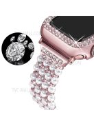 For Apple Watch Series 7 45mm Pearl Rhinestone Decor Drawstring Design Metal Bracelet Watch Strap + PC Watch Frame Protective Case - Rose Pink