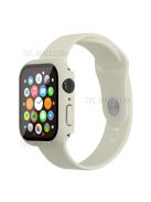 For Apple Watch Series 7 45mm Soft Silicone Watch Band+Hard PC Watch Cover with Tempered Glass Film, Size M / L - Antique White