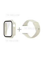 For Apple Watch Series 7 45mm Soft Silicone Watch Band+Hard PC Watch Cover with Tempered Glass Film, Size M / L - Antique White