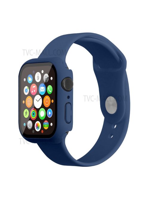 For Apple Watch Series 7 45mm Soft Silicone Watch Band+Hard PC Watch Cover with Tempered Glass Film, Size M / L - Dark Blue