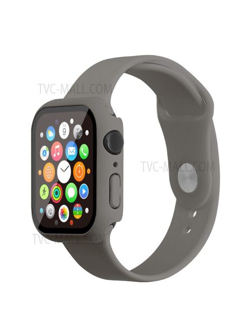 For Apple Watch Series 7 45mm Soft Silicone Watch Band+Hard PC Watch Cover with Tempered Glass Film, Size M / L - Grey