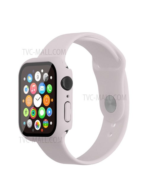 For Apple Watch Series 7 45mm Soft Silicone Watch Band+Hard PC Watch Cover with Tempered Glass Film, Size M / L - Lavender