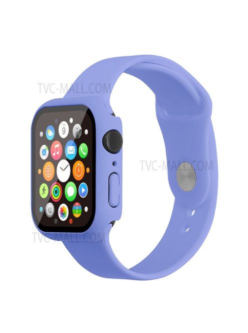 For Apple Watch Series 7 45mm Soft Silicone Watch Band+Hard PC Watch Cover with Tempered Glass Film, Size M / L - Lilac