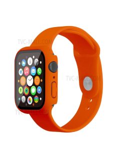   For Apple Watch Series 7 45mm Soft Silicone Watch Band+Hard PC Watch Cover with Tempered Glass Film, Size M / L - Orange