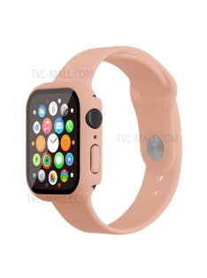   For Apple Watch Series 7 45mm Soft Silicone Watch Band+Hard PC Watch Cover with Tempered Glass Film, Size M / L - Pink