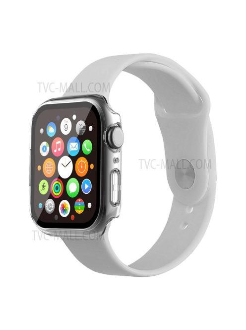 For Apple Watch Series 7 45mm Soft Silicone Watch Band+Hard PC Watch Cover with Tempered Glass Film, Size M / L - Transparent