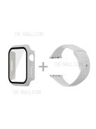 For Apple Watch Series 7 45mm Soft Silicone Watch Band+Hard PC Watch Cover with Tempered Glass Film, Size M / L - White