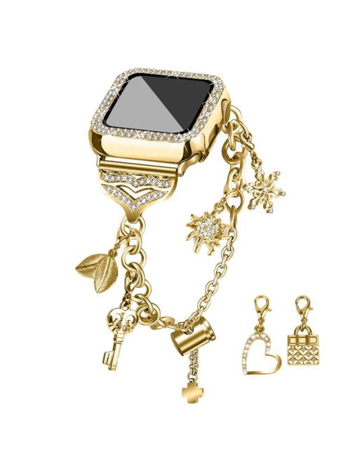 For Apple Watch Series 8 / 7 45mm Pendant Bracelet Watch Band Rhinestone Decor Strap Replacement with Hard PC Hollow-out Watch Case - Gold