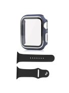 For Apple Watch Series 8 45mm / 7 45mm Smartwatch Silicone Sport Wrist Strap + Hard PC Electroplating Watch Cover with Tempered Glass Screen Protector - Blue  /  Silver