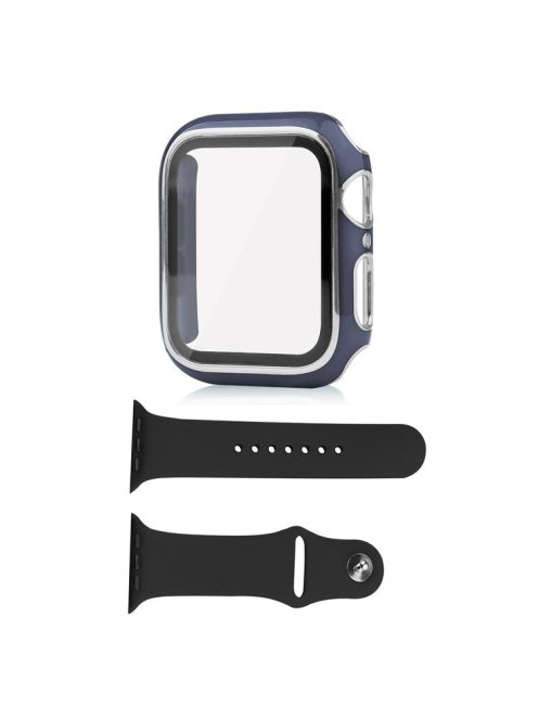 For Apple Watch Series 8 45mm / 7 45mm Smartwatch Silicone Sport Wrist Strap + Hard PC Electroplating Watch Cover with Tempered Glass Screen Protector - Blue  /  Silver