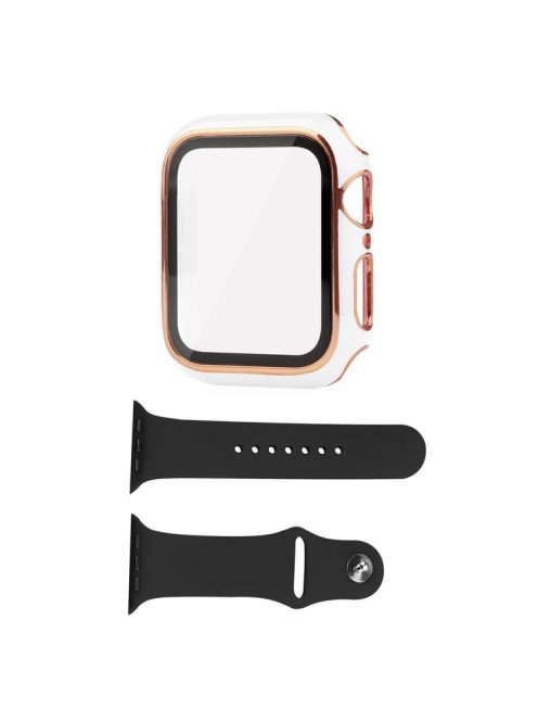 For Apple Watch Series 8 45mm / 7 45mm Smartwatch Silicone Sport Wrist Strap + Hard PC Electroplating Watch Cover with Tempered Glass Screen Protector - White  /  Gold