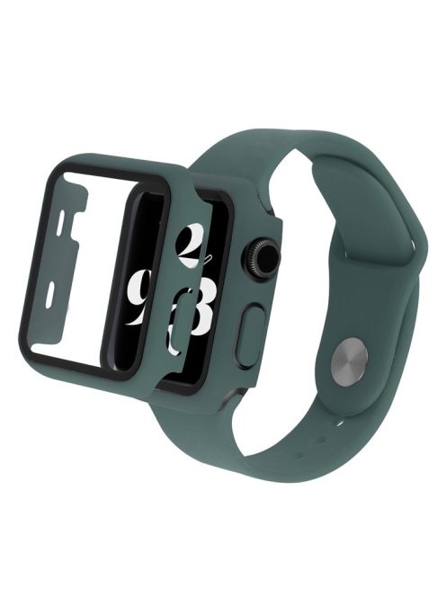 For Apple Watch Series 8 45mm / 7 45mm Soft Silicone Replacement Strap + Hard PC Watch Case with Tempered Glass Screen Protector - Midnight Green