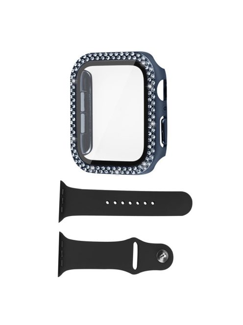 For Apple Watch Series 8 45mm / Series 7 45mm Black Silicone Wrist Strap + Shiny Rhinestones PC Watch Case with Tempered Glass Screen Protector - Blue