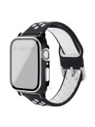 For Apple Watch Ultra 49mm / Series 8 / 7 45mm / Series 6 / 5 / 4 / SE / SE (2022) 44mm / Series 3 / 2 / 1 42mm Dual Color Silicone Watch Band with Overall Full PC Electroplated Edge Cover + Tempered Glass Protector - Black White / Black White Shell