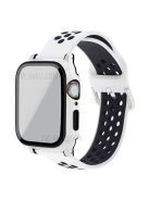 For Apple Watch Ultra 49mm / Series 8 / 7 45mm / Series 6 / 5 / 4 / SE / SE (2022) 44mm / Series 3 / 2 / 1 42mm Dual Color Silicone Watch Band with Overall Full PC Electroplated Edge Cover + Tempered Glass Protector - White Black / White Black Shell