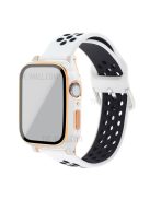 For Apple Watch Ultra 49mm / Series 8 / 7 45mm / Series 6 / 5 / 4 / SE / SE (2022) 44mm / Series 3 / 2 / 1 42mm Dual Color Silicone Watch Band with Overall Full PC Electroplated Edge Cover + Tempered Glass Protector - White Black / White Rose Shell