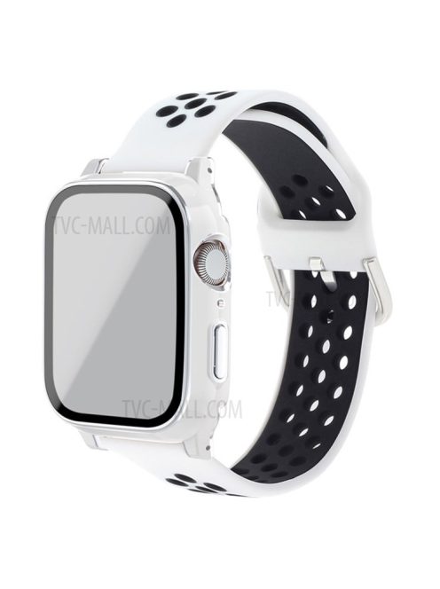 For Apple Watch Ultra 49mm / Series 8 / 7 45mm / Series 6 / 5 / 4 / SE / SE (2022) 44mm / Series 3 / 2 / 1 42mm Dual Color Silicone Watch Band with Overall Full PC Electroplated Edge Cover + Tempered Glass Protector - White Black / White Shell