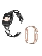 For Apple Watch Ultra 49mm Rhinestone Decor Bling Watch Band X-shaped Stainless Steel Strap with Rose Gold PC Hollow Watch Case - Black