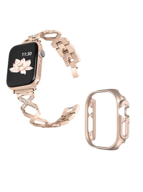 For Apple Watch Ultra 49mm Rhinestone Decor Bling Watch Band X-shaped Stainless Steel Strap with Rose Gold PC Hollow Watch Case - Gold