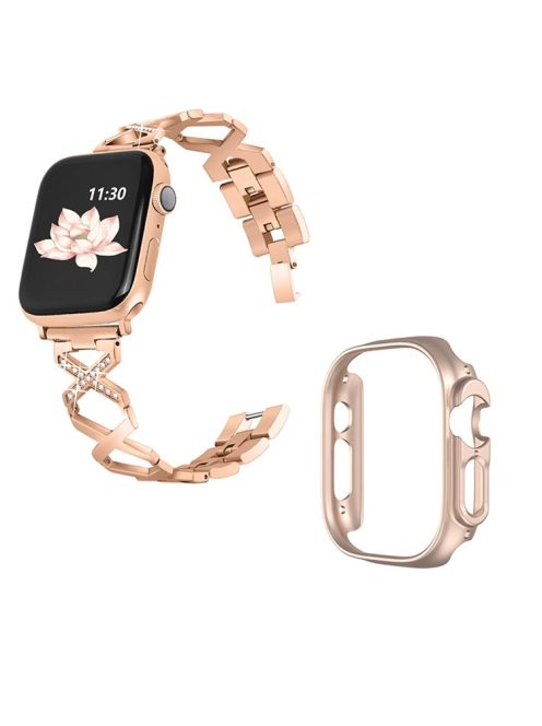 For Apple Watch Ultra 49mm Rhinestone Decor Bling Watch Band X-shaped Stainless Steel Strap with Rose Gold PC Hollow Watch Case - Rose Gold