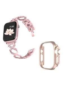   For Apple Watch Ultra 49mm Rhinestone Decor Bling Watch Band X-shaped Stainless Steel Strap with Rose Gold PC Hollow Watch Case - Rose Pink