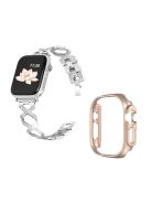 For Apple Watch Ultra 49mm Rhinestone Decor Bling Watch Band X-shaped Stainless Steel Strap with Rose Gold PC Hollow Watch Case - Silver