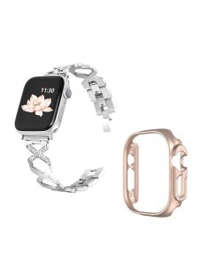   For Apple Watch Ultra 49mm Rhinestone Decor Bling Watch Band X-shaped Stainless Steel Strap with Rose Gold PC Hollow Watch Case - Silver