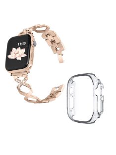   For Apple Watch Ultra 49mm Rhinestone Decor Watch Band X-shaped Stainless Steel Bracelet with Transparent Watch Bumper Frame - Gold